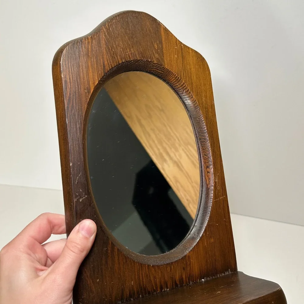 Vintage Wood Wall Mirror with Shelf Arched Dark Brown Rustic Entryway Decor